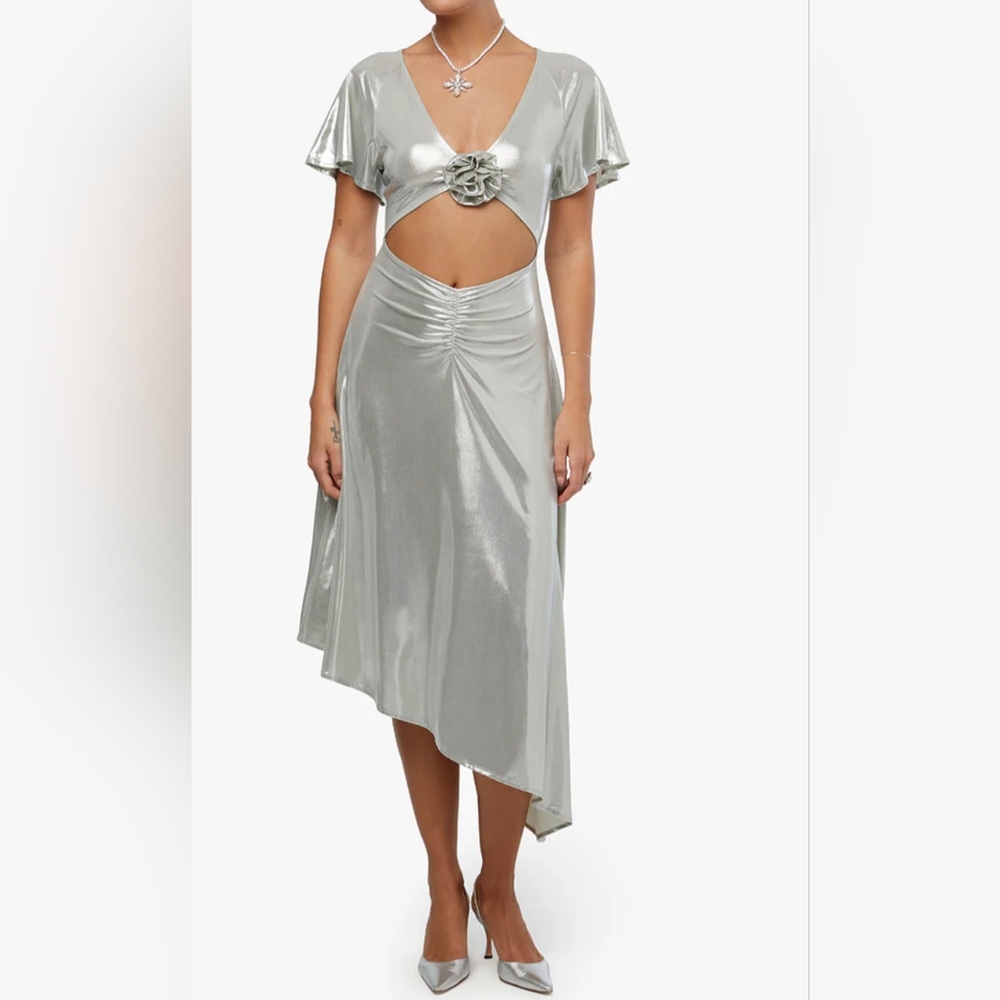 WeWoreWhat Asymmetrical Silver Cutout Midi Dress Liquid Foil High Low NWT